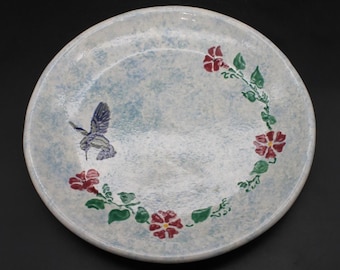 Handbemalte ovale Servierplatte mit Kolibri- und Blumenmuster, blauer Schwammware-Stil, 12,5 Zoll