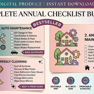 May include: A digital product bundle titled Complete Annual Checklist Bundle featuring three sections: Annual Auto Maintenance with car and tool icons, Annual Home Maintenance with house icons, and Weekly Cleaning with cleaning supply icons.
