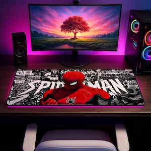 Spider Man Gaming Mouse Pad, Marvel Comics Desk Mat, Peter Parker XL Mousepad, Red Black Comic Keyboard Pad, Superhero Gamer Decor
