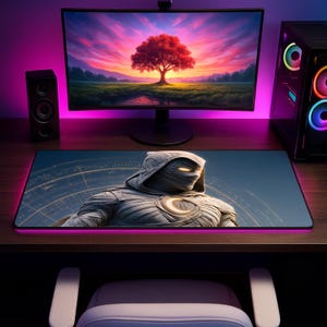 May include: A rectangular desk mat featuring a graphic illustration of a hooded figure in white mummy-like wrappings with glowing yellow eyes and a crescent moon emblem on the chest, set against a dark background with circular golden celestial patterns.