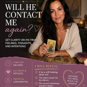 Op de afbeelding: Een tarot-leesadvertentie met de tekst NO CONTACT TAROT READING WILL HE CONTACT ME again? GET CLARITY ON HIS TRUE FEELINGS, THOUGHTS, AND INTENTIONS. De afbeelding bevat een lijst met diensten en een tekstvak in de vorm van een hart.