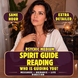 Peut inclure: Une personne aux longs cheveux bruns portant un haut clair et un collier avec un pendentif en cristal. Le texte indique : SAME HOUR, EXTRA DETAILED, PSYCHIC MEDIUM SPIRIT GUIDE READING, WHO IS GUIDING YOU?, MESSAGES, GUIDANCE, LIFE DIRECTION.