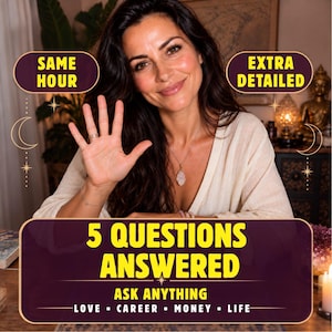 May include: A digital graphic featuring a person with long dark hair wearing a cream-colored top and a crystal pendant necklace. Text overlays read: SAME HOUR, EXTRA DETAILED, 5 QUESTIONS ANSWERED, ASK ANYTHING, LOVE, CAREER, MONEY, LIFE.