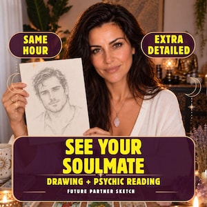 Può includere: Uno schizzo a matita di grafite di un uomo su carta bianca tenuto in mano. Il testo sull'immagine recita: SAME HOUR, EXTRA DETAILED, SEE YOUR SOULMATE, DRAWING + PSYCHIC READING, FUTURE PARTNER SKETCH. Il disegno mostra un uomo con capelli ondulati.