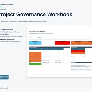 May include: An AI Project Governance Workbook digital download featuring a Governance Dashboard with blue, red, orange, and green data tables. The document includes sections for linked project records, decision actions, and human review evidence.