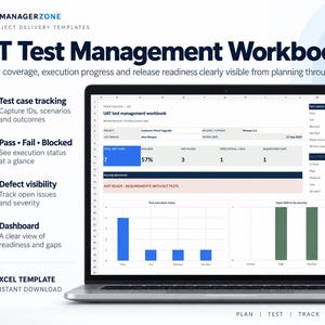 Pode incluir: Uma pasta de trabalho digital de gestão de testes UAT exibida num ecrã de computador portátil, com acompanhamento de projetos, estado dos casos de teste, visibilidade de defeitos e painéis de controlo. A interface inclui gráficos, tabelas e etiquetas.