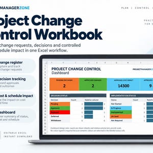 Op de afbeelding: Een laptopscherm met een Excel-dashboard voor projectwijzigingsbeheer. De interface bevat secties voor lopende beslissingen, goedgekeurde wijzigingen, kosten- en tijdschema-impact, evenals statustabellen en staafdiagrammen voor het bijhouden van projectgegevens.