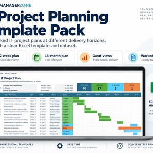 May include: An IT Project Planning Template Pack displayed on a laptop screen, featuring a Medium IT Project Plan with a Gantt chart, task status indicators, and project details. The pack includes a 12-week plan, 16-month plan, and Excel files.