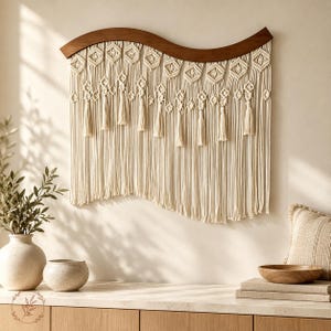Könnte beinhalten: Ein Wandbehang aus cremefarbener Makramee-Kordel, geknotet in Rautenmustern mit hängenden Quasten, befestigt an einer geschwungenen, dunkelbraunen Holzstange. Die Textilkunst zeigt komplexe geometrische Knoten und lange Fransen.