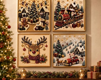 Diamantmålningsset med julby, 25 cm väggbonad med pärlkonst, DIY-pyssel med julmotiv