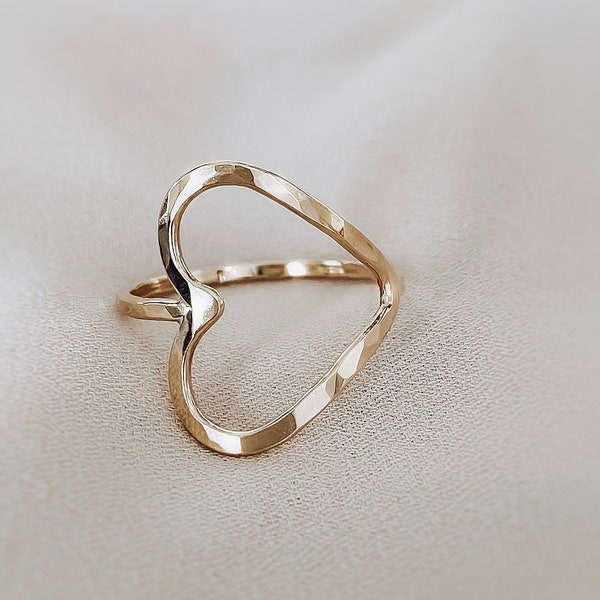 Gold Sideways Heart Statement Ring, Open Heart Ring 14K Gold, Graduation Gift, Silver Open Heart Ring,  Rose Gold Heart Ring, Love Ring