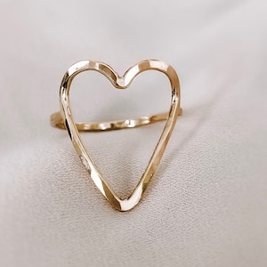 Open Heart Ring, Gold Heart Ring, Heart Ring Gold, Solid Gold Heart Ring, Simple Heart Ring, Heart Shape Ring, Hammered Heart Ring