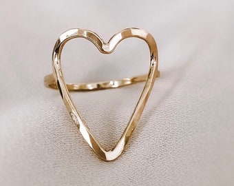 Open Heart Ring, Gold Heart Ring, Heart Ring Gold, Solid Gold Heart Ring, Simple Heart Ring, Heart Shape Ring, Hammered Heart Ring