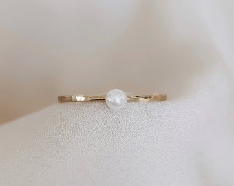 Pearl Ring, Dainty Pearl Stacking Ring, Minimalist Pearl Ring, Tiny Pearl Ring, June Birthstone, Simple Pearl Ring, Silver, Rose Gold, Gold
