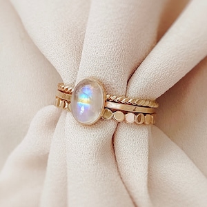 Rainbow Moonstone Ring Set, Dainty Moonstone Ring Gold, Real Moonstone Set Ring, Halo Moonstone Ring, Silver Moonstone Ring, June Birthstone