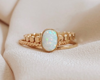 Opal Ring, Dainty White Opal Statement Ring, Opal Beaded Ring, Gemstone Stacking Rings, Silver Opal Ring, Gold Opal Ring