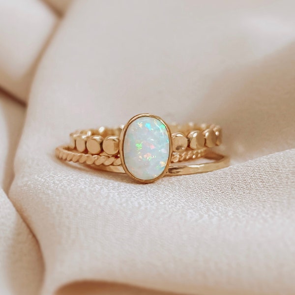 Opal Ring, Dainty White Opal Statement Ring, Opal Beaded Ring, Gemstone Stacking Rings, Silver Opal Ring, Gold Opal Ring