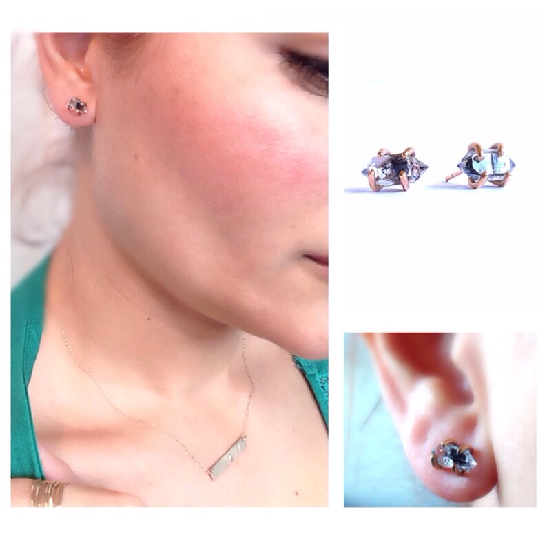 Gold Stud Earrings Herkimer Diamond Earrings Black Diamond Earrings