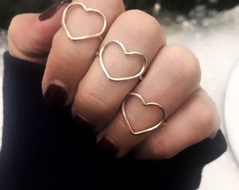 14K Solid Gold Heart Ring, Rose Gold Heart Ring, 14K Dainty Ring, Friendship Ring, Open Heart Ring, Stacking Ring White Gold