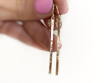 Hammered 14K Gold Filled Bar Earrings • Minimalist Dangle