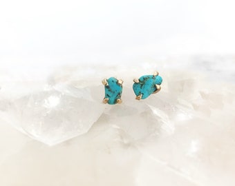 Raw Turquoise Stud Earrings, Blue Turquoise Stud Earrings, Raw Gemstone Earrings, December Birthstone Earrings, Solid Gold Earrings