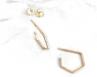 Small Hexagon Hoop Earrings, Sterling Silver Hoop Earrings Small, Small Rose Gold Hoop Earrings, Small Huggie Hoop Earring, 14K Solid Gold