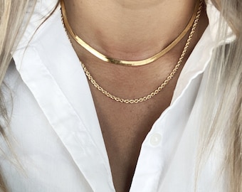 Gold Chain Necklace Set, Dainty Gold Layering Snake Necklace 14K Gold Filled Set , Herringbone Chain Necklace, Snake Chain Necklace