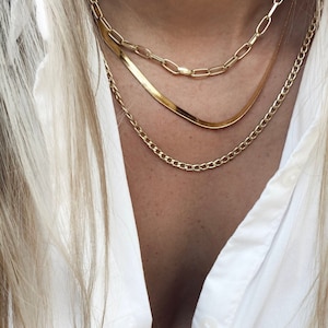 Gold Layered Necklace Set: Herringbone, Cuban & Paperclip Chains