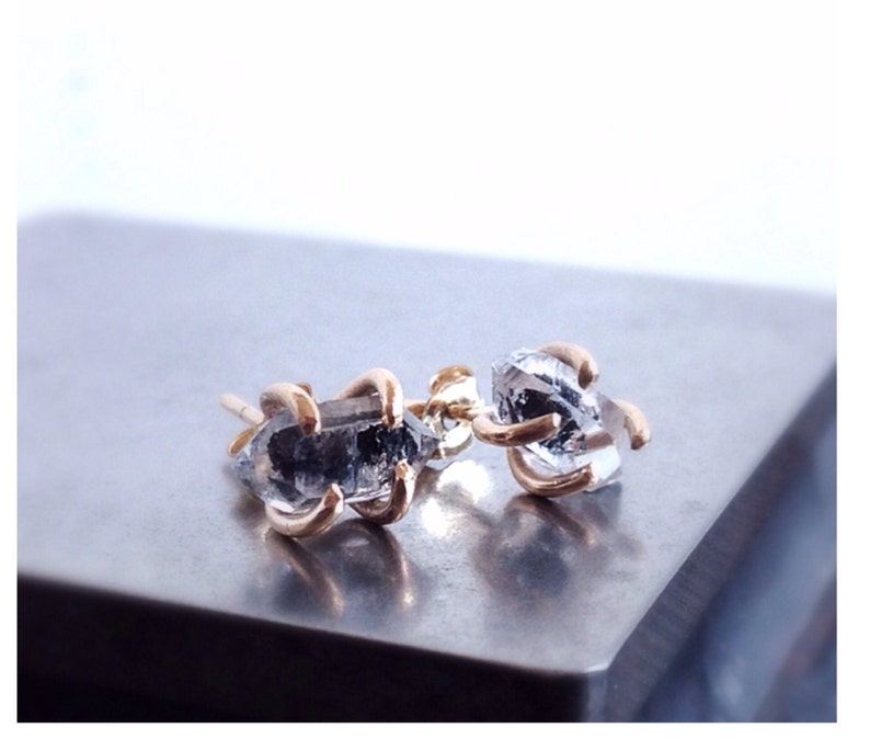 Gold Stud Earrings Herkimer Diamond Earrings Black Diamond Earrings