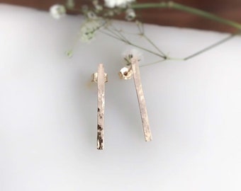 Gold Bar Earrings for Women, Hammered Metal Earrings, Gold Filled Stud Earrings, Minimalist Sterling Silver Earrings