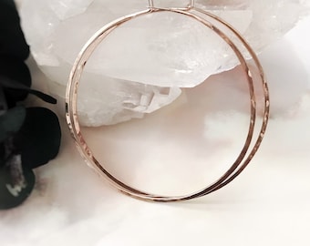 Large 14K Rose Gold Filled Hoop Earrings • Hammered Style • Thin Hoops