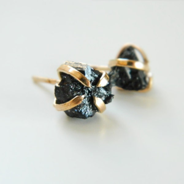 Black Tourmaline Earrings, 14K Gold Earrings, Tourmaline Stud Earrings, Rough Tourmaline Jewelry, Gold Stud Earrings