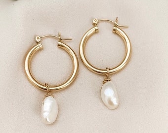 14K Gold Drop Pearl Hoop Earrings, Gold Hoop Chunky Baroque Pearl, Pearl Drop Hoop Earrings, Chunky Pearl Huggies, Round Pearl Chunky Hoop