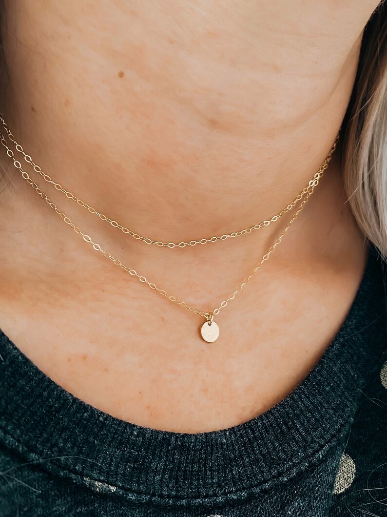 Dainty Wrap Necklace with Tiny Initial Disk Pendant, Custom Initial Necklace Gold, Simple Initial Necklace in gold filled, sterling silver image 3