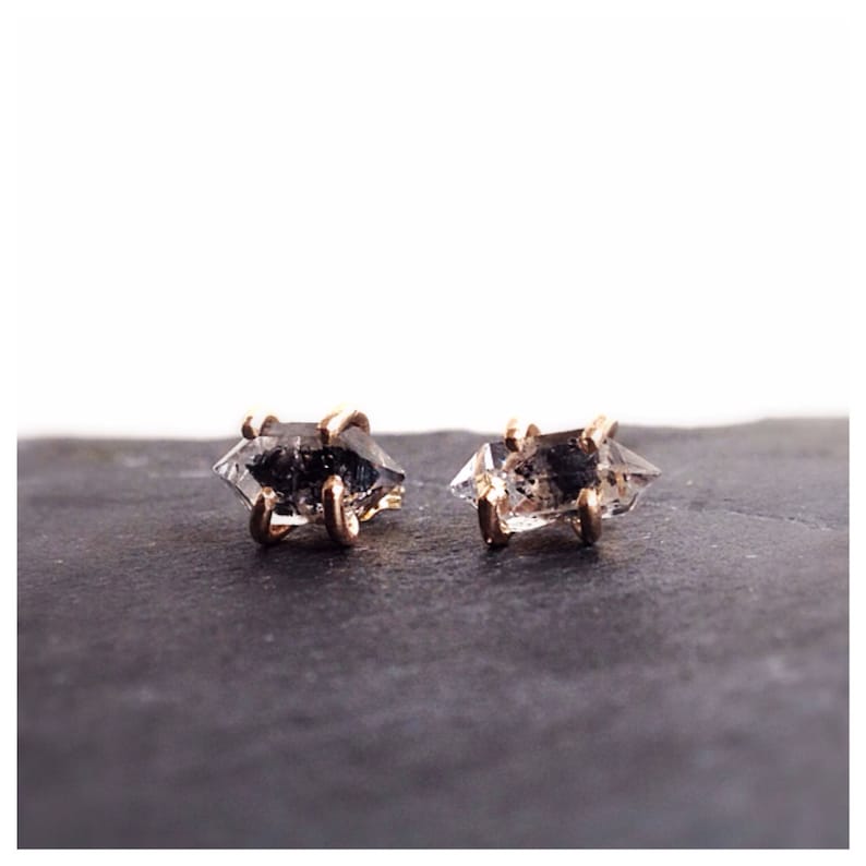 Gold Stud Earrings Herkimer Diamond Earrings Black Diamond Earrings