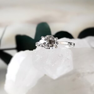 Raw diamond Engagement Ring, Salt and Pepper Diamond Ring, Raw Stone Ring, Raw Herkimer Engagement Ring, Dainty Black Diamond Ring
