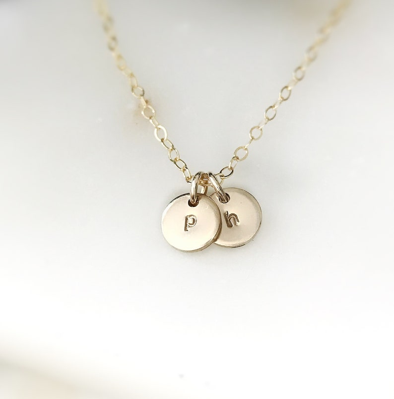 Dainty Wrap Necklace with Tiny Initial Disk Pendant, Custom Initial Necklace Gold, Simple Initial Necklace in gold filled, sterling silver image 4