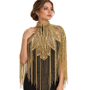 Gold Beaded Fringe Cape | 1920s Gatsby Flapper Shoulder Cape | Sequin Leaf Capelet | Bridal Wedding New Years Eve Shrug
