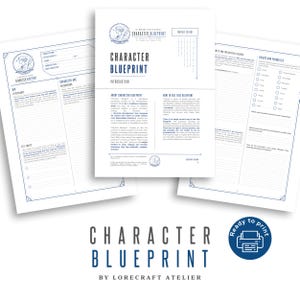 Può includere: Un set di fogli di lavoro per il blueprint del personaggio su carta bianca con testo e disegni al tratto in blu. Le pagine presentano sezioni per aspetto, background, tratti e valori. Il titolo recita Character Blueprint di Lorecraft Atelier.