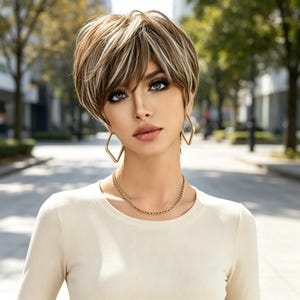 Puede incluir: Una peluca corta y degradada en tonos castaños y rubios con flequillo lateral. La peluca presenta un corte pixie texturizado y voluminoso. Se combinan pendientes dorados en forma de rombo y una cadena dorada sencilla con una blusa color crema.