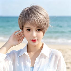 Perruque courte gris cendré faite main, coupe pixie, cuir chevelu naturel, synthétique résistante à la chaleur, lisse et dégradée, avec frange sur le côté, idéale comme cadeau pour femme.