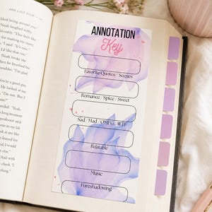 May include: A rectangular annotation key bookmark featuring a watercolor purple and pink design. It includes the text Annotation Key and categories: Favorite Quotes/Scenes, Romance/Spice/Sweet, Sad/Mad/OMFG/WTF, Relatable, Music, and Foreshadowing.