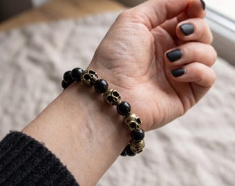 Skull Beaded Bracelet, Black Onyx Stone Bracelet, Adjustable Gothic Bracelets, Men's Women's Charm Jewelry