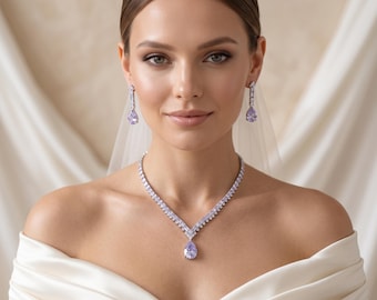 Conjunto elegante de colar e brincos para noivas | Pingente em formato de gota com zircônia cúbica | Ideal para casamentos, formaturas e eventos formais