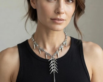 Punk Fang Necklace | Gothic Stainless Steel Chainmail Spike Jewelry | Alternative Fashion Statement Necklace
