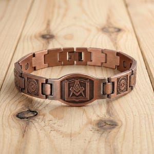 Vintage kopparmagnetiskt armband, herrarmband i tribal stil, frimurarsmycken i koppar, justerbart kedjearmband, geometrisk gåva