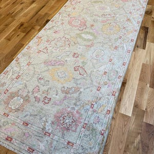 Vintage Oushak Runner Rug 3x10, Hand Knotted Ivory Pastel Pink Runner, Muted Floral Turkish Hallway Carpet