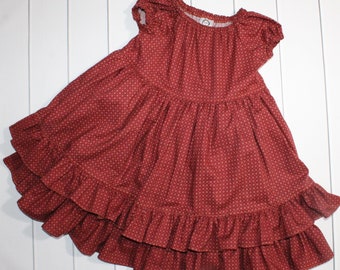 Rust Red Orange Calico Double Ruffle Dress -  Girls Twirly Dress - Back To School Dress - Ruffle Prairie Dress - Peasant Dress - Size 3T