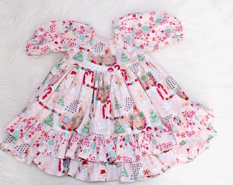 Pink Gingerbread Ruffle Dress - Winter Dress - Baby Christmas Dress - Toddler Twirly Dress - 3/4 Sleeve - Size