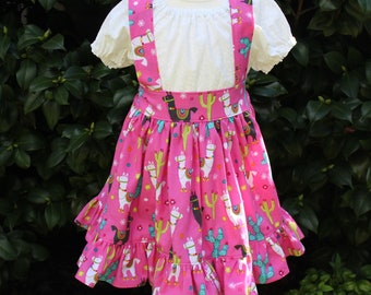 Girls Jumper Dress - llama Dress - Toddler Girl Dress -  Girls Ruffle Dress - Suspender Dress - Size 3T